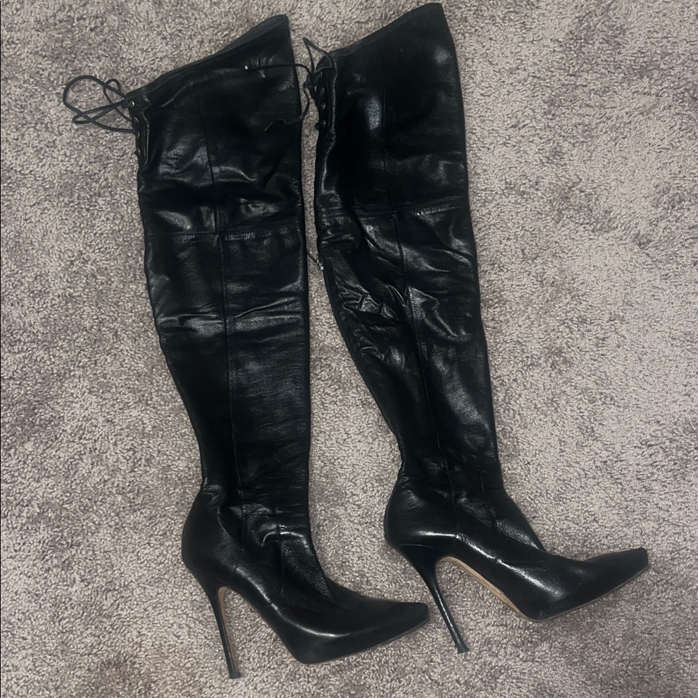 Jimmy Choo Black Leather Over-the-Knee High Heel Boots